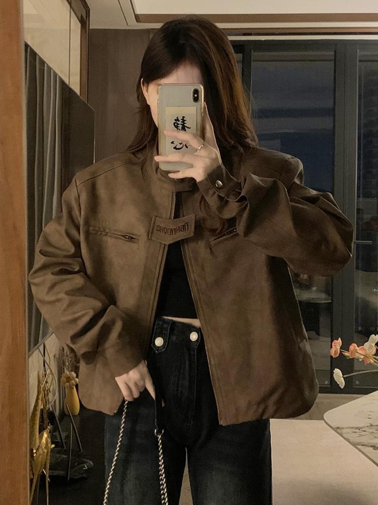 Американская ретро коричневая кожаная куртка мотоцикла женская модная дизайнерская короткая куртка с наплечниками в стиле гранж, тонкое пальто в уличном стиле