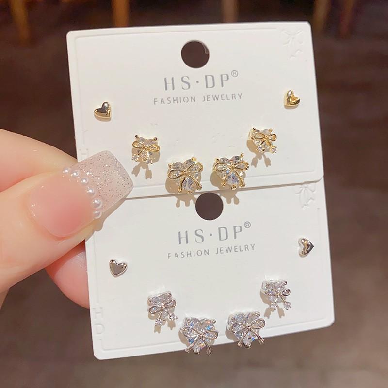6Pcs/set Bowknot Heart Zircon Stud Earring Sets for Women Exquisite Daily Match Stackable Stud Earrings Gifts