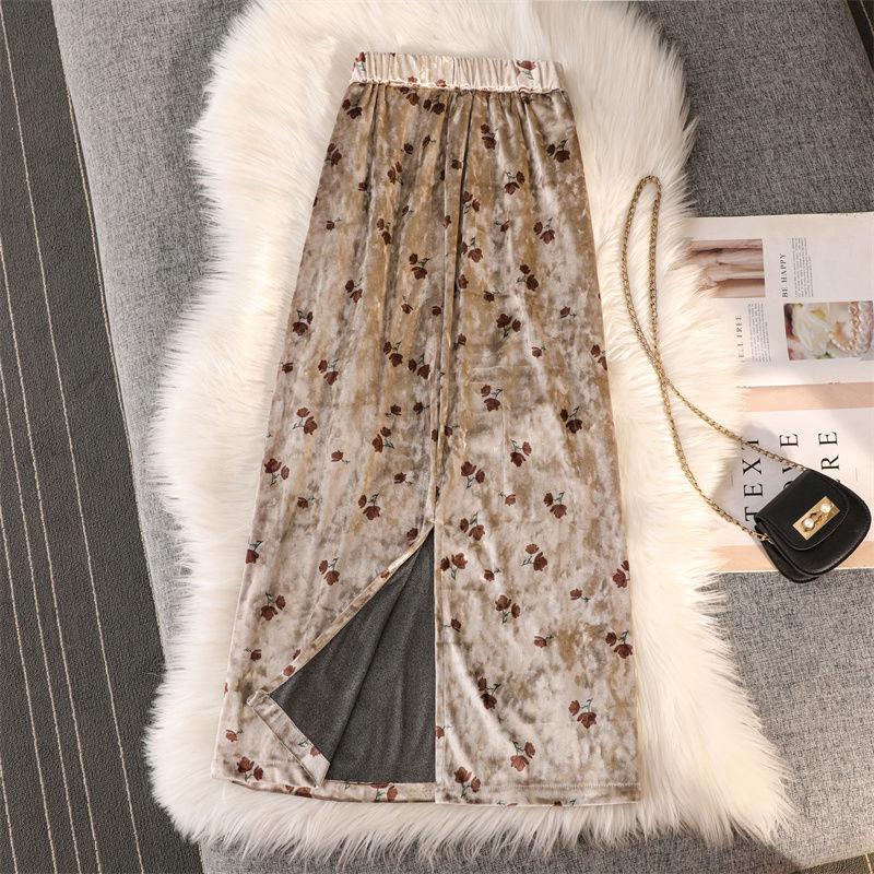 Юбка средней длины. Осенне-зимняя женская юбка. Женская длинная юбка из золотого бархата в стиле ретро с принтом.