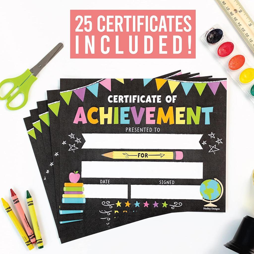 Hadley Designs Certificate Of Achievement Awards - 25 Student Award Certificates For Kids, 8x10 Blank Award Certificate Paper, Preschool &
