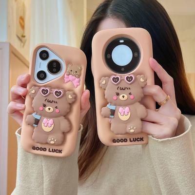 3D Мультяшный Счастливый Медведь Держатель Чехол для Телефона Для Huawei Pura 70 Pro 70 pro+ Mate 60 70 Pro Pro+ Мягкий Силиконовый Защитный Чехол для Телефона