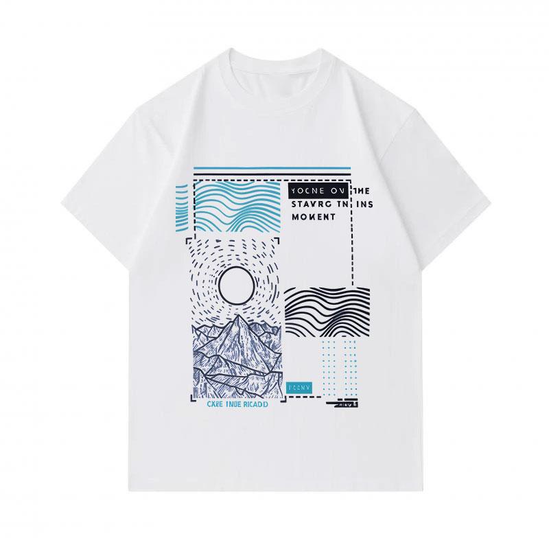 Men's 100% Cotton Crew Neck Short Sleeve T-Shirt, Abstract Geometric Mountain Wave Sun Print Casual Comfortable Daily Wear Breathable Graphic Tee for