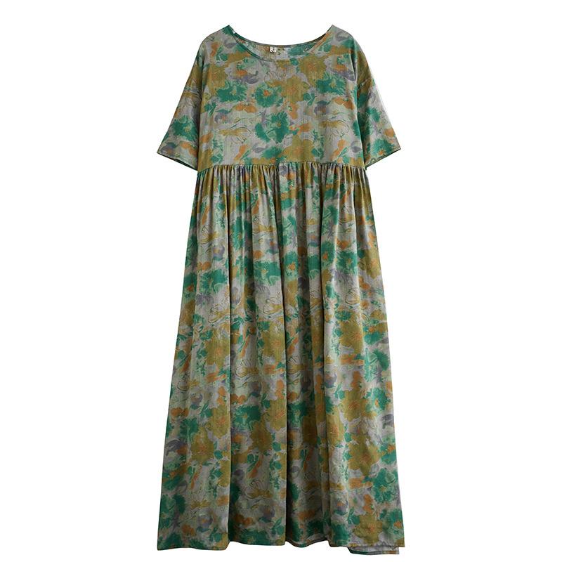 Новое женское длинное платье с круглым вырезом и принтом, свободное мягкое платье больших размеров, повседневное дышащее летнее пляжное платье для женщин