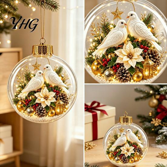 Seasonal Home Decor Accessories Christmas 3D Faux Crystal Ball Hanging Ornaments with Warm LED Miniature Winter Scene Lights, Luminous Tree