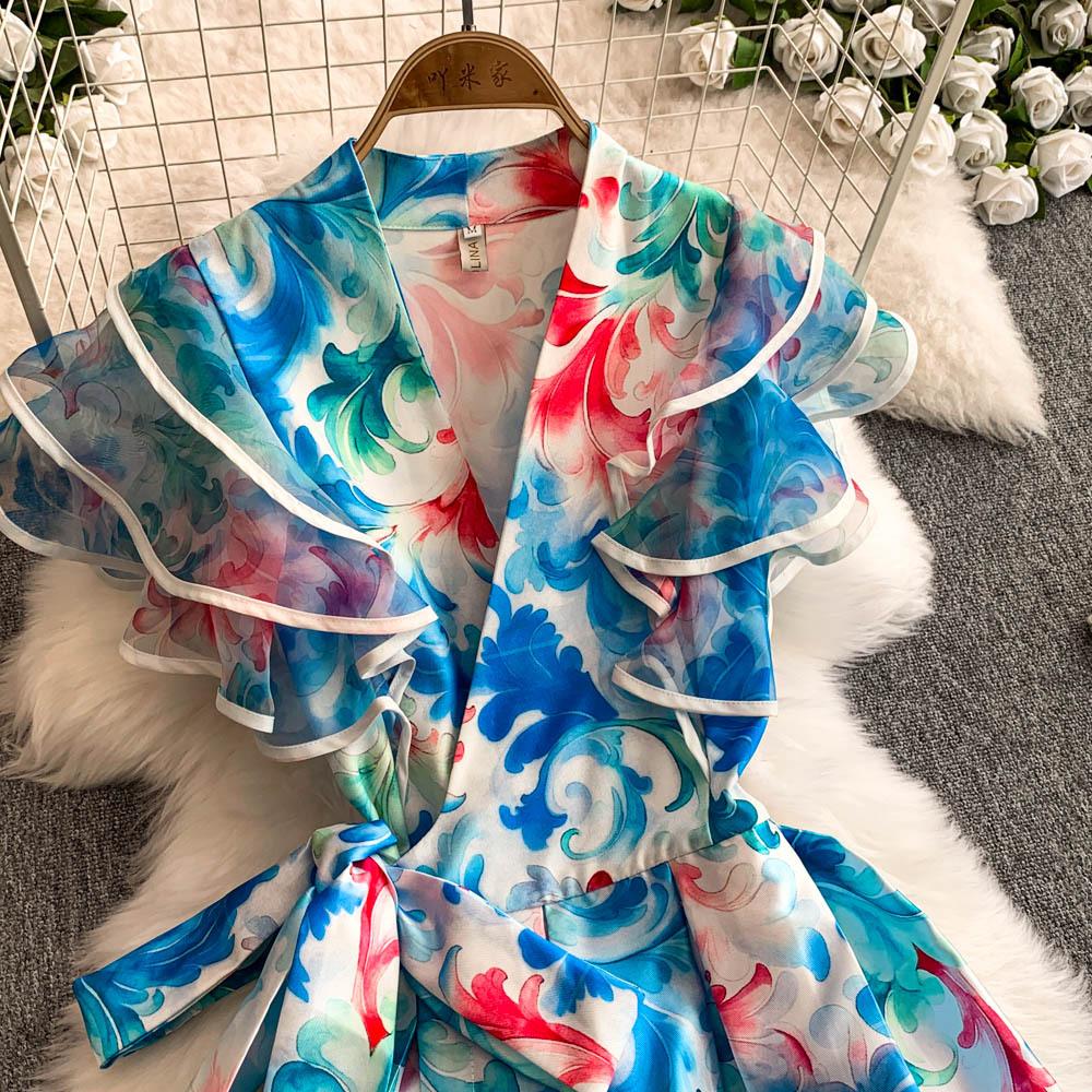 Элегантные длинные платья с цветочным принтом для женщин, летние, праздничные, с рукавами-рюшами, цельные, запашные, с V-образным вырезом, винтажные, ретро, вечерние