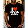 Мужская футболка с графическим принтом 'I LOVE HOUSE MUSIC' - Черный повседневный топ с коротким рукавом, украшенный белой и оранжевой графикой