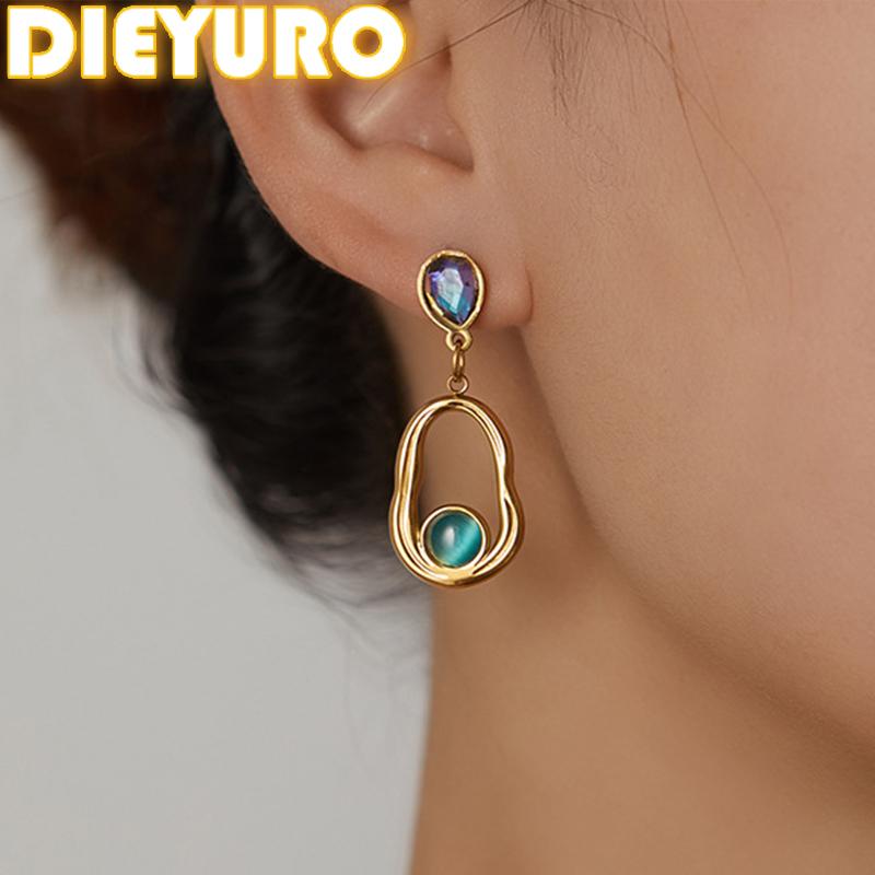 DIEYURO 316L Stainless Steel Purple Water Droplets Irregular Elliptical Inlay Cat Eye Stones Earrings Waterproof Fashion Jewelry