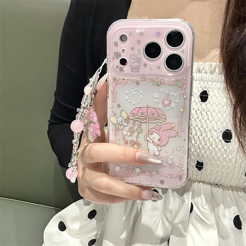 New My Melody Kawaii Glitter Phone Case With Wrist Strap For iPhone 15 16 17 Pro Max INS Pink Cute Shockproof Protective Cover