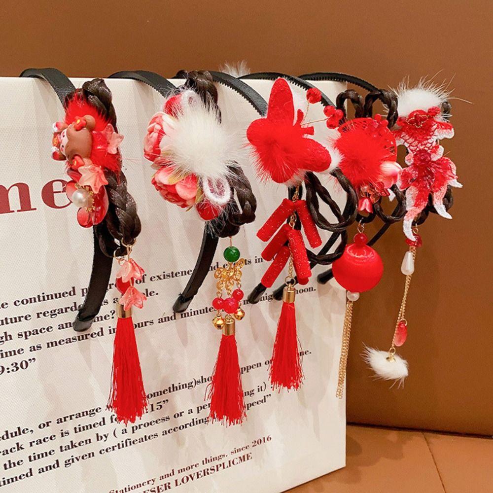 Повязка на голову с кисточками в китайском стиле, красное новогоднее украшение для головы, милая повязка-парик ханфу, детская