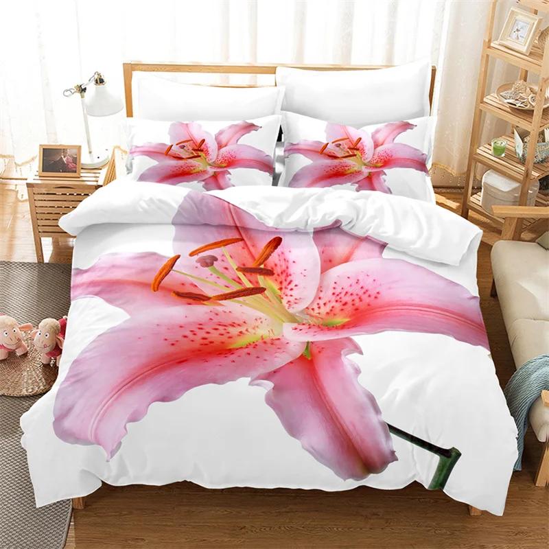 Lily Duvet Cover Set for Single Double Bed Pink Flower Quilt Cover King Size Bedding Set 2PCS 3PCS with Pillowcase Full Twin New