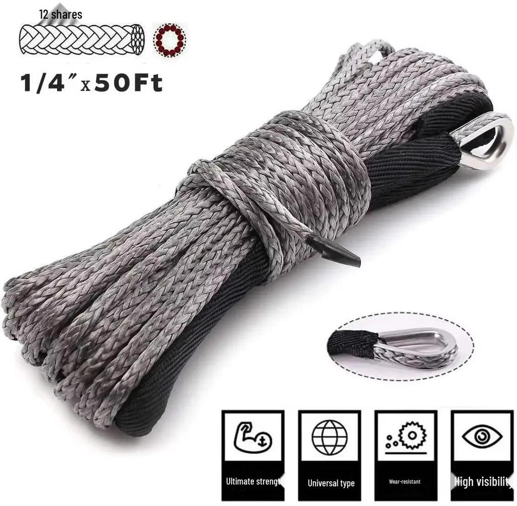 6mm x 15m Synthetic Winch Rope, 4T Tow Strap for ATV/UTV Off-road Accessories