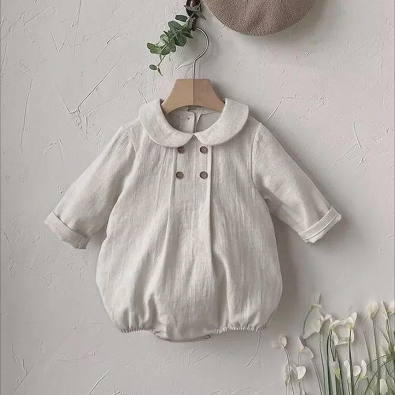 Autumn Linen Double-Breasted College Style Long-Sleeve Bodysuit for Babies