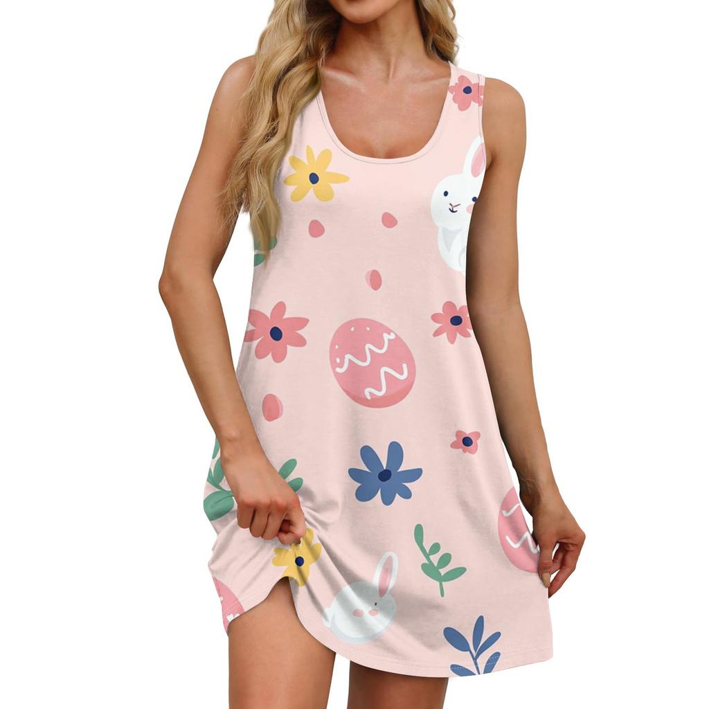 Women's Summer Casual Square Collar Easter Print Dress Sleeveless Dress With Pockets