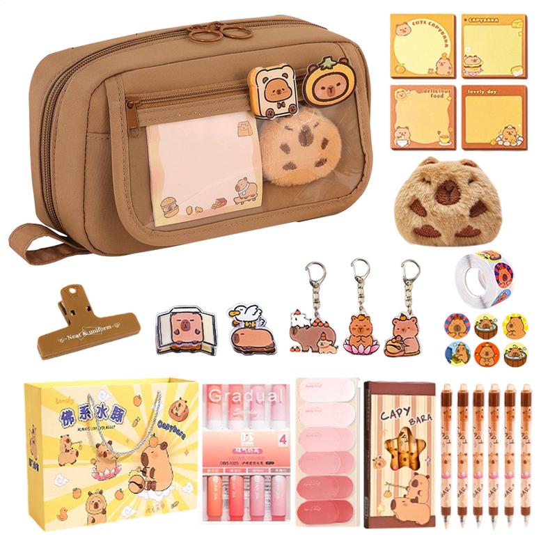 Набор канцтоваров с капибарой Милый пенал с наклейками, скрепками, блокнотом, плюшевой брошью, карандашом-хайлайтером, сумкой для хранения для студентов