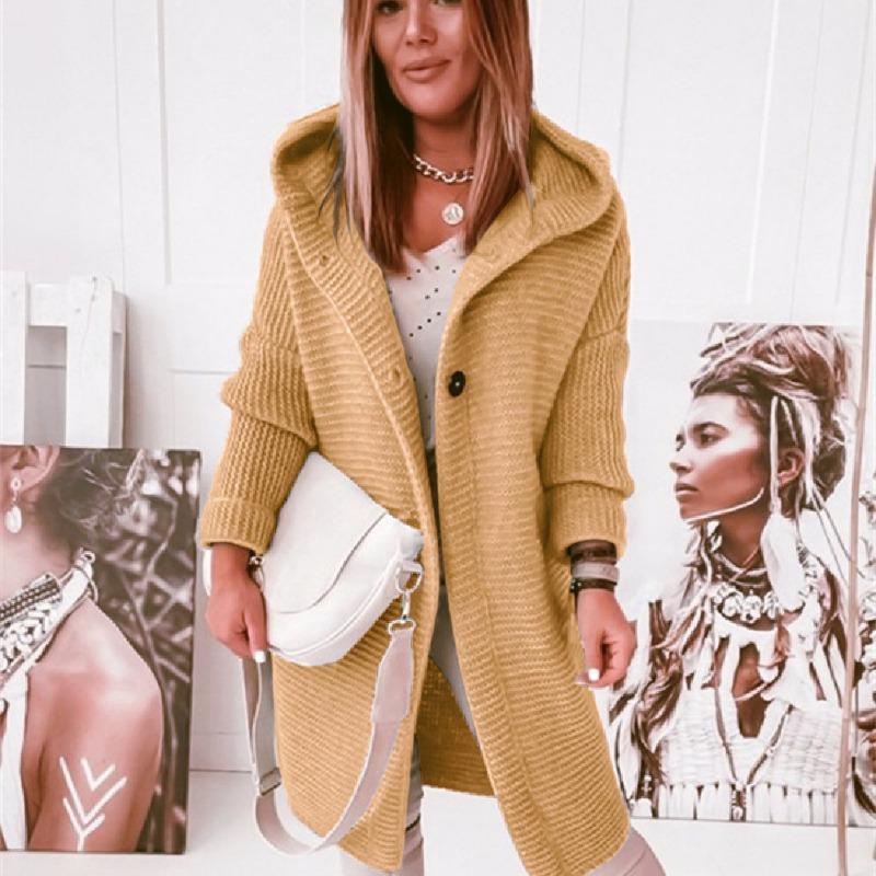 Женский модный однотонный вязаный кардиган с капюшоном - повседневный, с длинным рукавом и пуговицами, ткань высокой эластичности, идеально подходит для осени и зимы