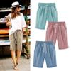 Women Summer Cotton Shorts Pants Plus Size High Waisted Shorts Lacing Beach Pockets Five Point Pants