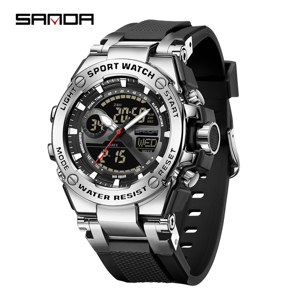 SANDA 3363 Роскошные мужские электронные часы Многофункциональные для активного отдыха и спорта Водонепроницаемые Светящиеся светодиодные мужские электронные часы
