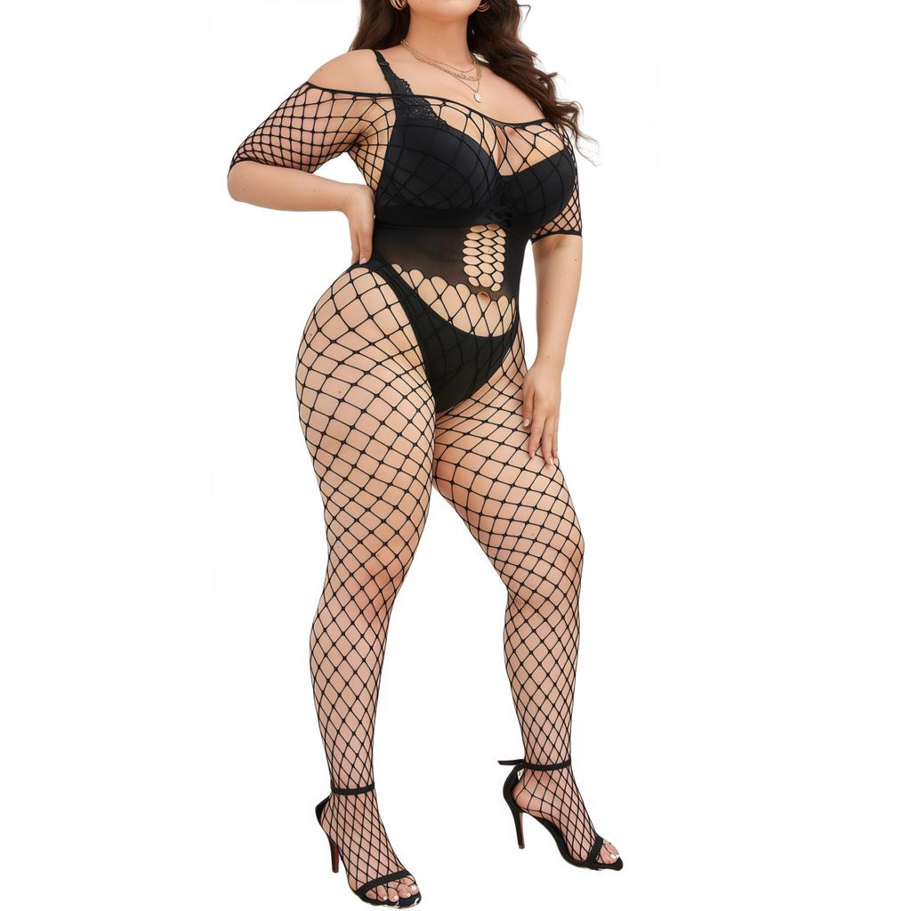 Oversize Women Mesh Hollow Sexy Bodystockings Large Plus Size See Through Erotic Open Crotchless Lingerie Bra Set XXXXL