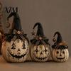 Rustic Fabric Pumpkins Halloween Pumpkin Decoration with Wizard Hat, Vintage Resin Witch Figurine Farmhouse Style Fall Ornaments Bow, Tabletop