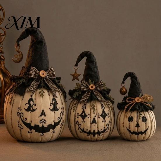 Rustic Fabric Pumpkins Halloween Pumpkin Decoration with Wizard Hat, Vintage Resin Witch Figurine Farmhouse Style Fall Ornaments Bow, Tabletop