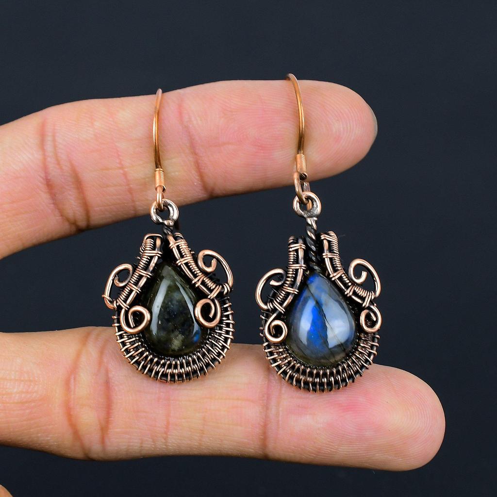Beautiful Labradorite Gemstone Pure Copper Wire Wrapped Handmade Earrings Gift For Her