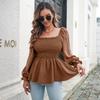 Women Autumn Winter Fungus Edge Square Neck Long Sleeve Top Chiffon Blouses Tops S-XL
