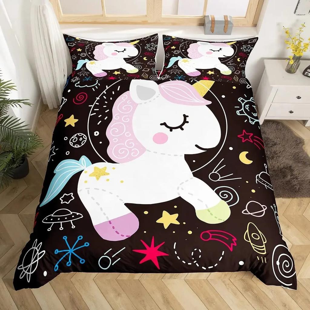 Комплект пододеяльника с кошкой-единорогом размера queen, Комплект постельного белья с радужным единорогом, Мультяшный комплект постельного белья для девочек с волшебными животными и сладким мороженым