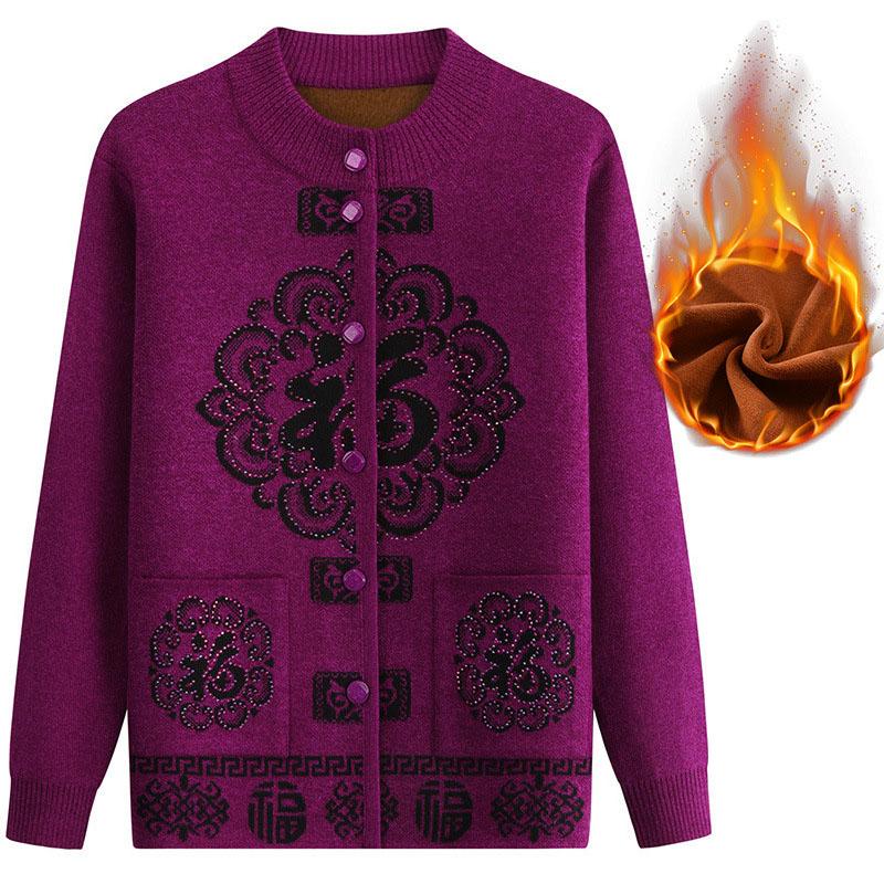 Кардиган, свитер, вязаный свитер для пожилых людей, универсальный флисовый утепленный осенне-зимний костюм, женский свитер для пожилой женщины