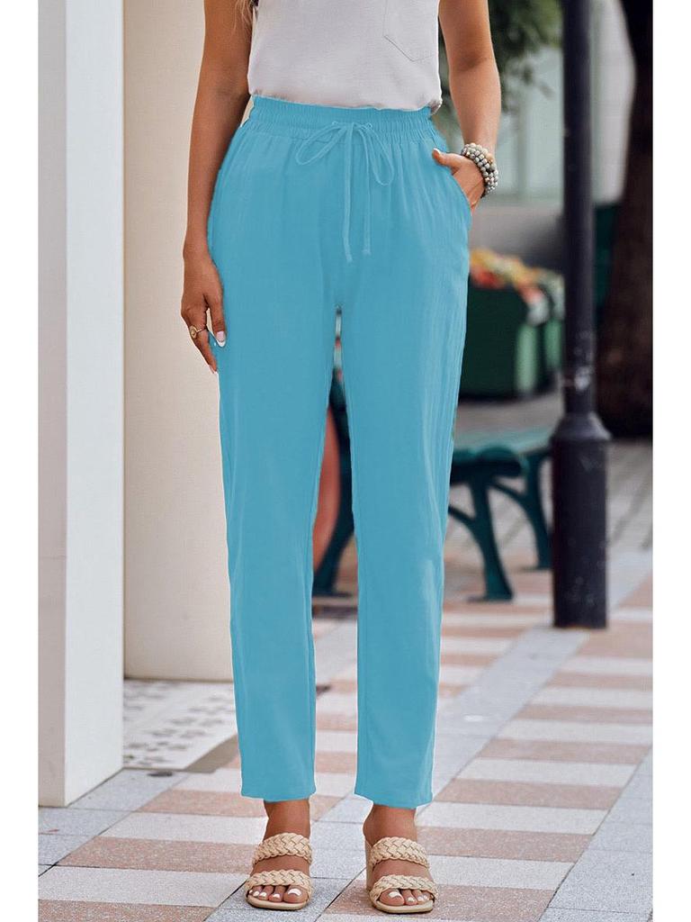 Женские хлопково-льняные брюки с кулиской и широкими штанинами