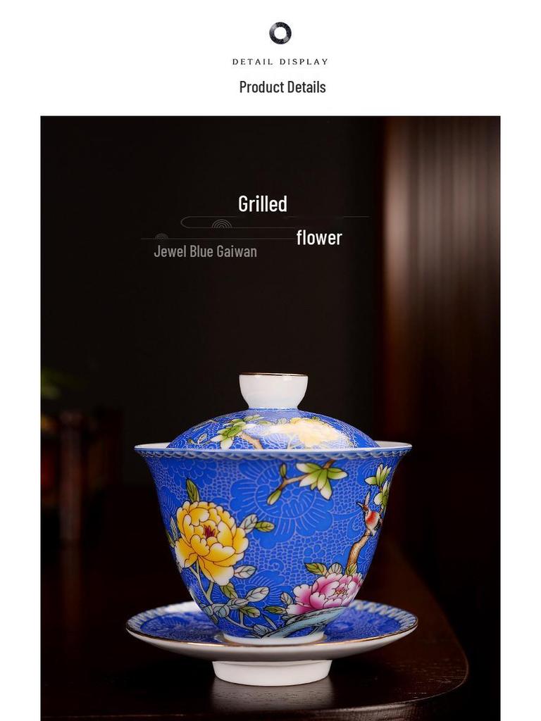 Court Style Cloisonné Enamel Sancai Gaiwan Ceramic Kung Fu Tea Set with Handmade Filigree Pahua Brewing Bowl