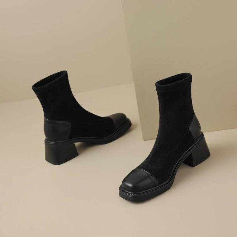 Корейская версия новых женских замшевых ботильонов на среднем каблуке большого размера, кожаные ботильоны на толстой подошве с нескользящей подошвой, ботильоны средней высоты с круглым носком, квадратный и осенний а