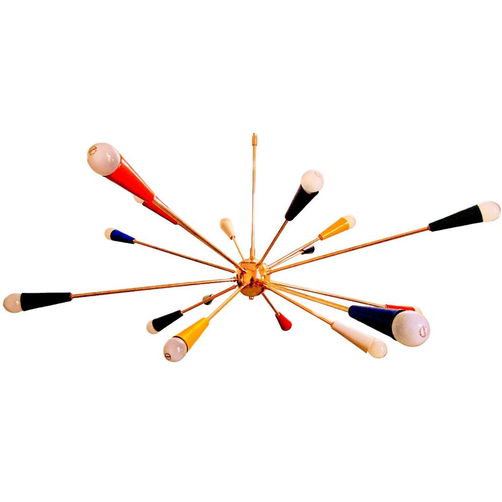 Mid-Century Design 16 Multicolored Arms Sputnik Chandelier: Brass Ceiling Light Fixture for Stylish Home Decor