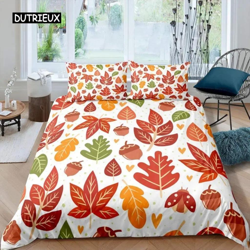 Maple Leaves Duvet Cover Set Colorful Autumn Season Maple Leaves In Unusual Designs Nature Print King Size 23pcs Bedding Set