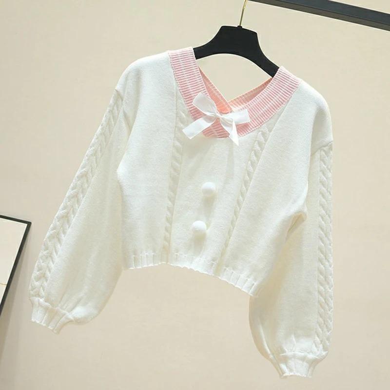 Women's Kawaii Short Knitted Sweater Sweet Candy-colored Bow V-neck Pullover Women's 2024 Spring Leisure Lantern Sleeve S