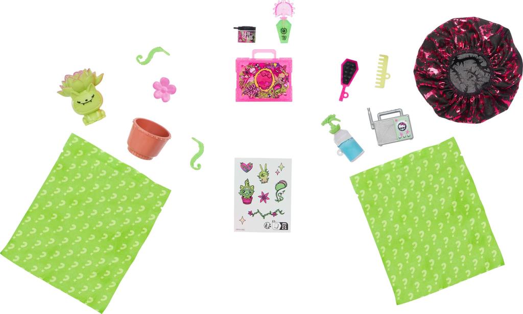 Monster High Secrets Venus McFlytrap Doll and Accessory Set with 13 Realistic Surprises Including Hair Care a and Plants Self-Scare Products, Bonnet,