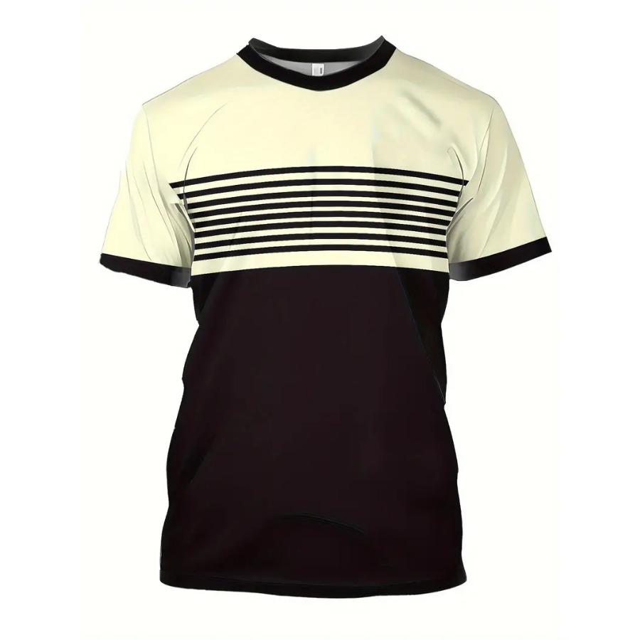 Мужская дышащая летняя футболка — повседневный полосатый 3D-принт, круглый вырез, короткий рукав, сетчатая ткань для комфорта и стиля