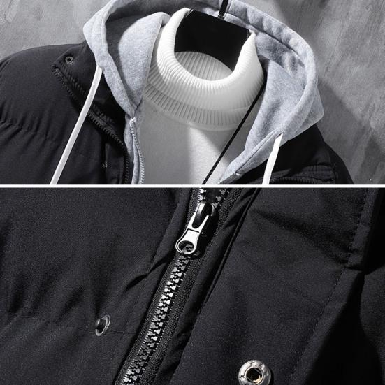 Men Autumn Winter Hooded Long Sleeve Coat Fake Two Pieces Pockets Zipper Placket Jacket Windproof Thickened Cotton Outwear