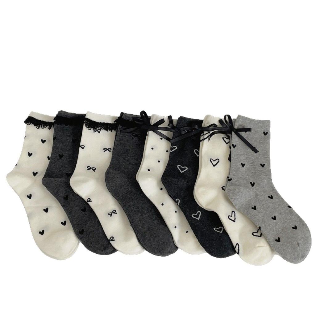 Socks Casual Lazy And Versatile Lace Mid-Tube Socks Tie Bows Polka Dot Layered With Piles Of Cotton Socks