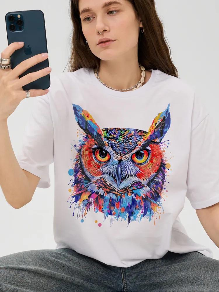 Women White Loose Summer Casual Tee, Color Splash Watercolor Owl Print Crew Neck Short Sleeve T‑Shirt