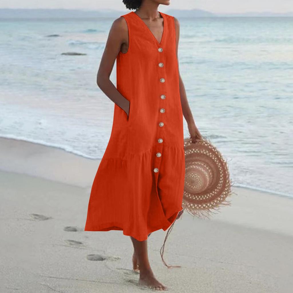 Женское однотонное летнее платье без рукавов с v-образным вырезом на пуговицах, повседневное короткое платье с карманами и карманами