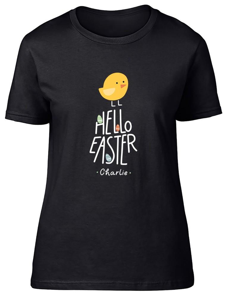 Персонализированная футболка с желтым цыпленком Hello Easter, пасхальное яйцо, женская футболка, подарок для девушки