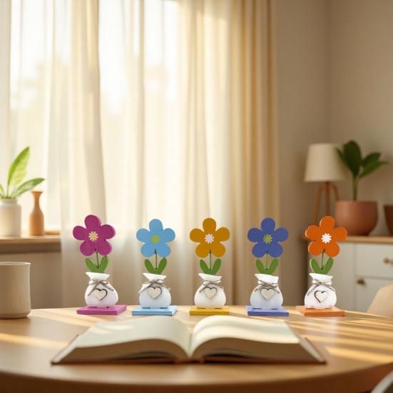 5Pcs/Set Wooden Flower Ornament with Base Boho Farmhouse Rustic 3D Colorful Flower Wood Table Sign Centerpiece Home Office Desktop Decoration