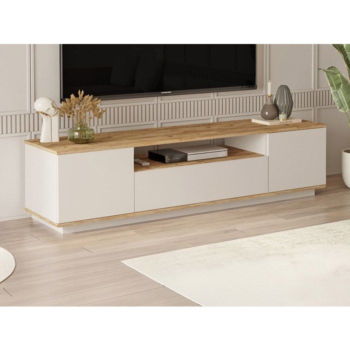 Meuble TV avec 3 portes et 1 niche - Beige et naturel - LOTULA