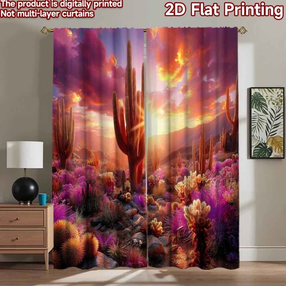2D flat printing 2pcs Curtains Desert Cacti Sunset Dramatic Sky Digital Printed Polyester Drapes All Season Party & Holiday