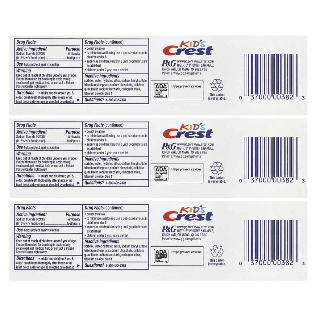 Crest Детская зубная паста с фторидом, защита от кариеса, Sparkle Fun, 3 упаковки, 130 г (4,6 унции) каждый