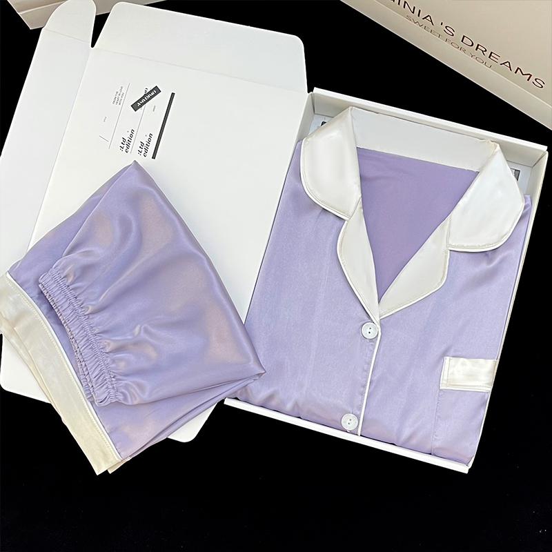 Летняя новая женская милая атласная шелковая пижама с цветочным принтом, короткий рукав + брюки, женская милая домашняя одежда, повседневная одежда