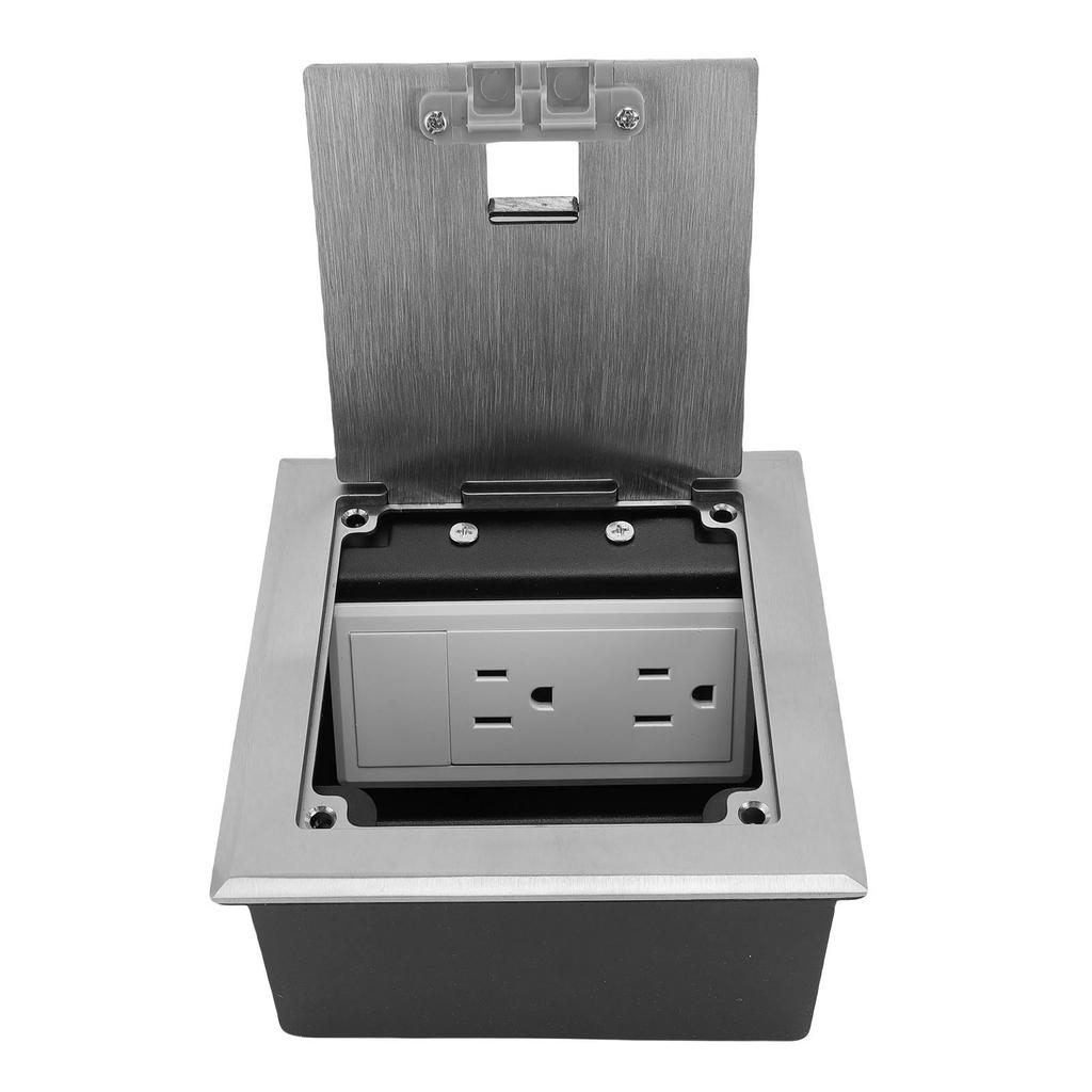 Recessed Floor Socket Double 3 Prong Outlets Electrical Receptacle Stainless Steel Box Kit Silver