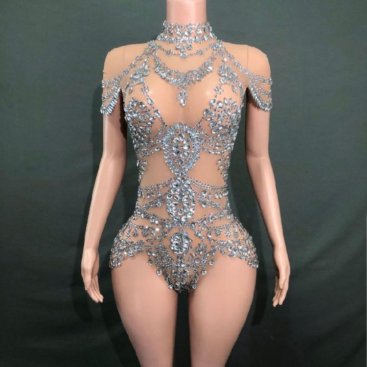 Glitter Rhinestones Bodysuit Drag Queen Costumes Outfit Rhinestones Bodysuits Dance Leotard for Womens