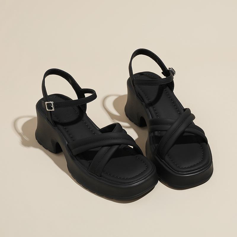 Soft and not tired feet, ultra-light thick sole 6cm height increase and whitening, summer cross with thick heel square head Roman sandals women