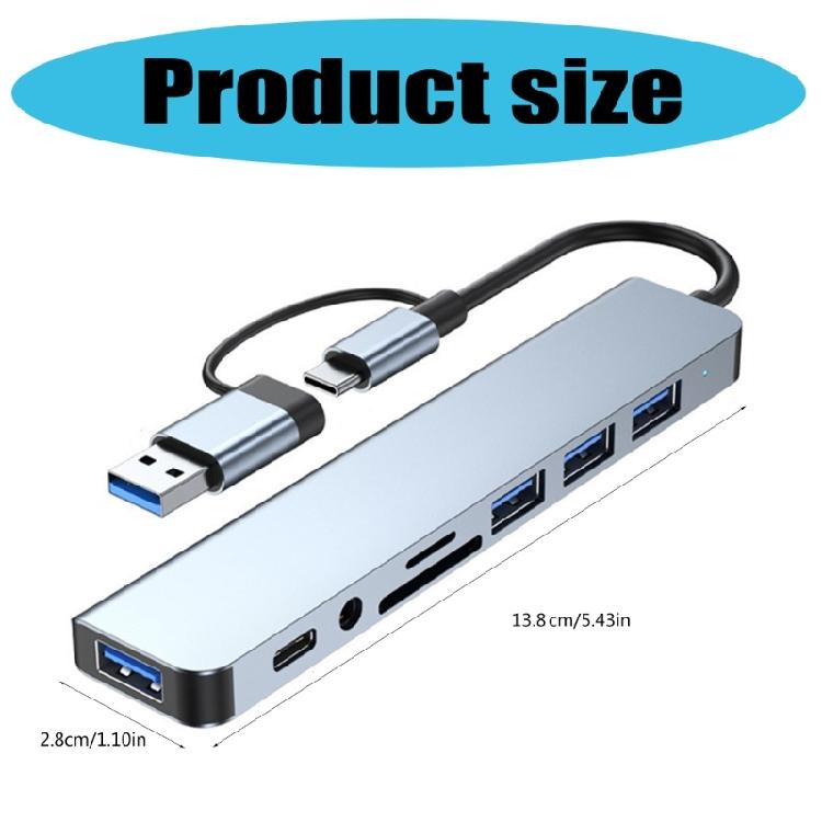 Алюминиевый USB-C хаб-адаптер 8 в 1 с 4 портами USB, компактным кард-ридером и аудиопортом 3,5 мм. Эффективный.